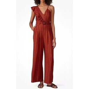 THREE FLOOR Margaux Jumpsuit Women's Size 4 Burnt Orange Linen Striped Ruffle